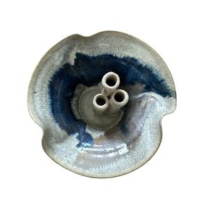 Ikebana Studio Art Pottery Floral Arrangement Three Column Tube Vase Blue Grey